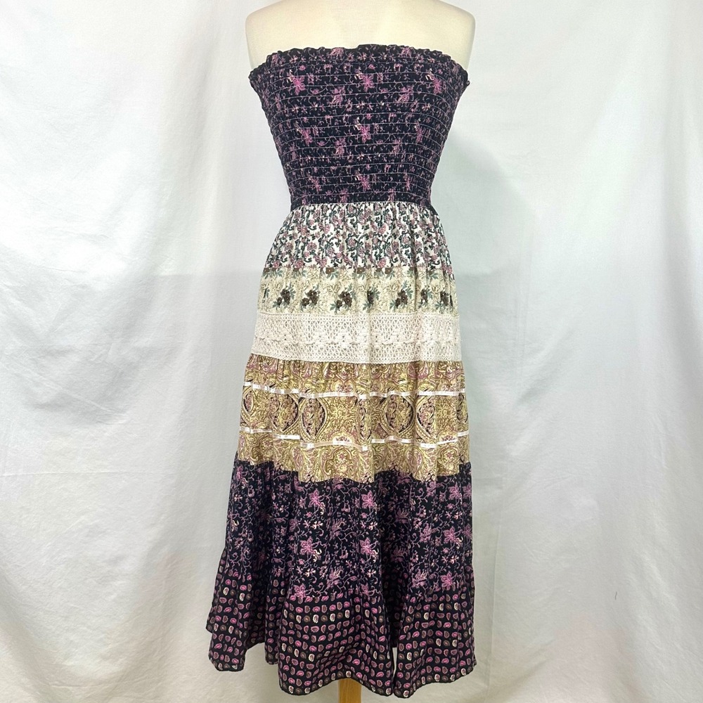 SHE'S COOL Strapless Smocked Tiered Midi Dress Floral Patchwork 100% Cotton L
